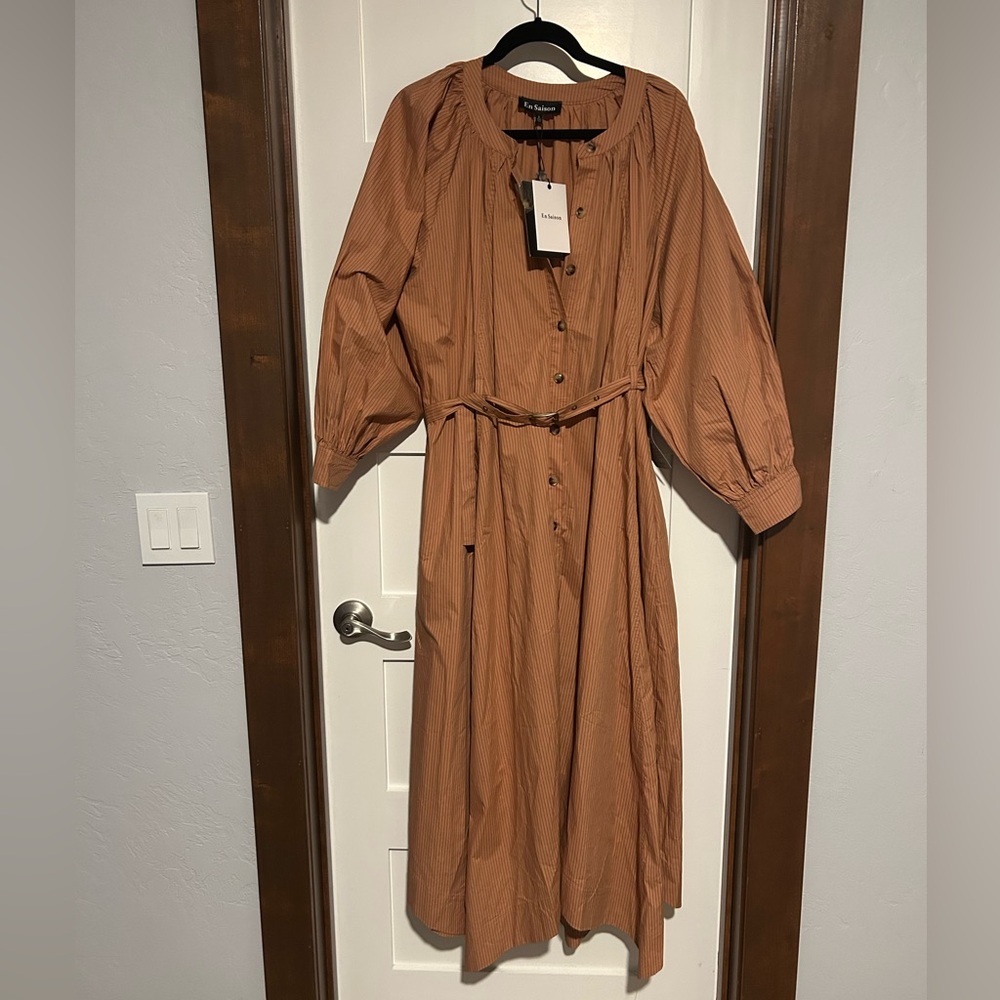 En Saison Camila Midi / Maxi Striped Shirt Dress in Cider Size Large New - Picture 2 of 10